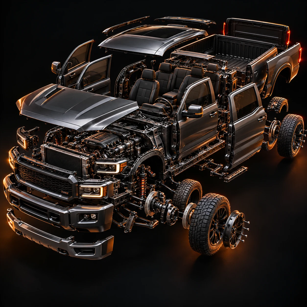 Render conceitual 3D de uma picape em vista explodida com componentes separados e iluminação laranja